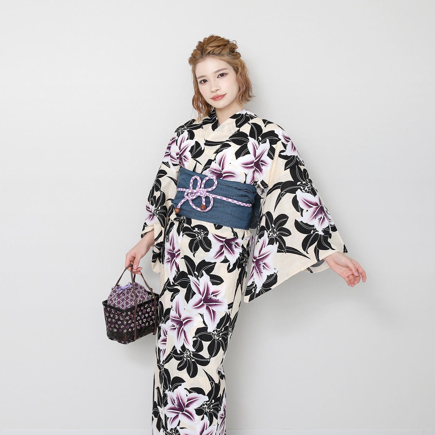 Yukata and Obi Set lily Black