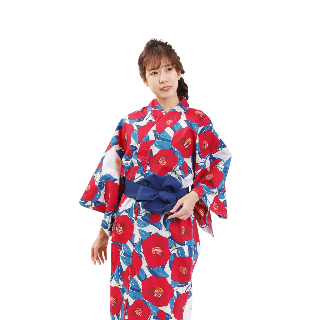Women Indoor Yukata Tsubaki red blue