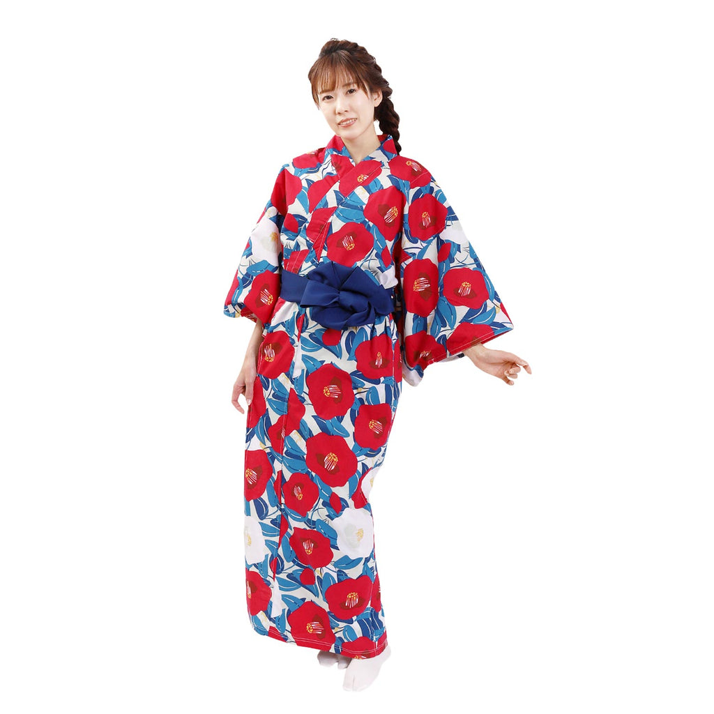 Women Indoor Yukata Tsubaki red blue