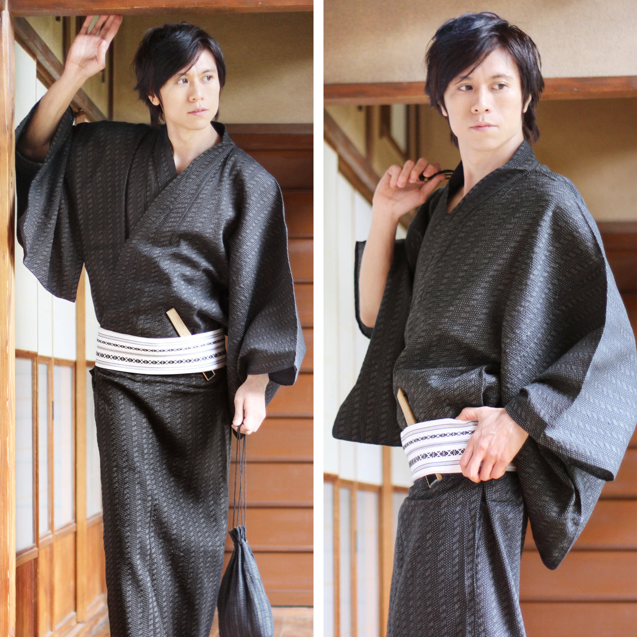 Men's Yukata Woven with dyed yarn and Obi belt set [wn-13] – 風香きもの