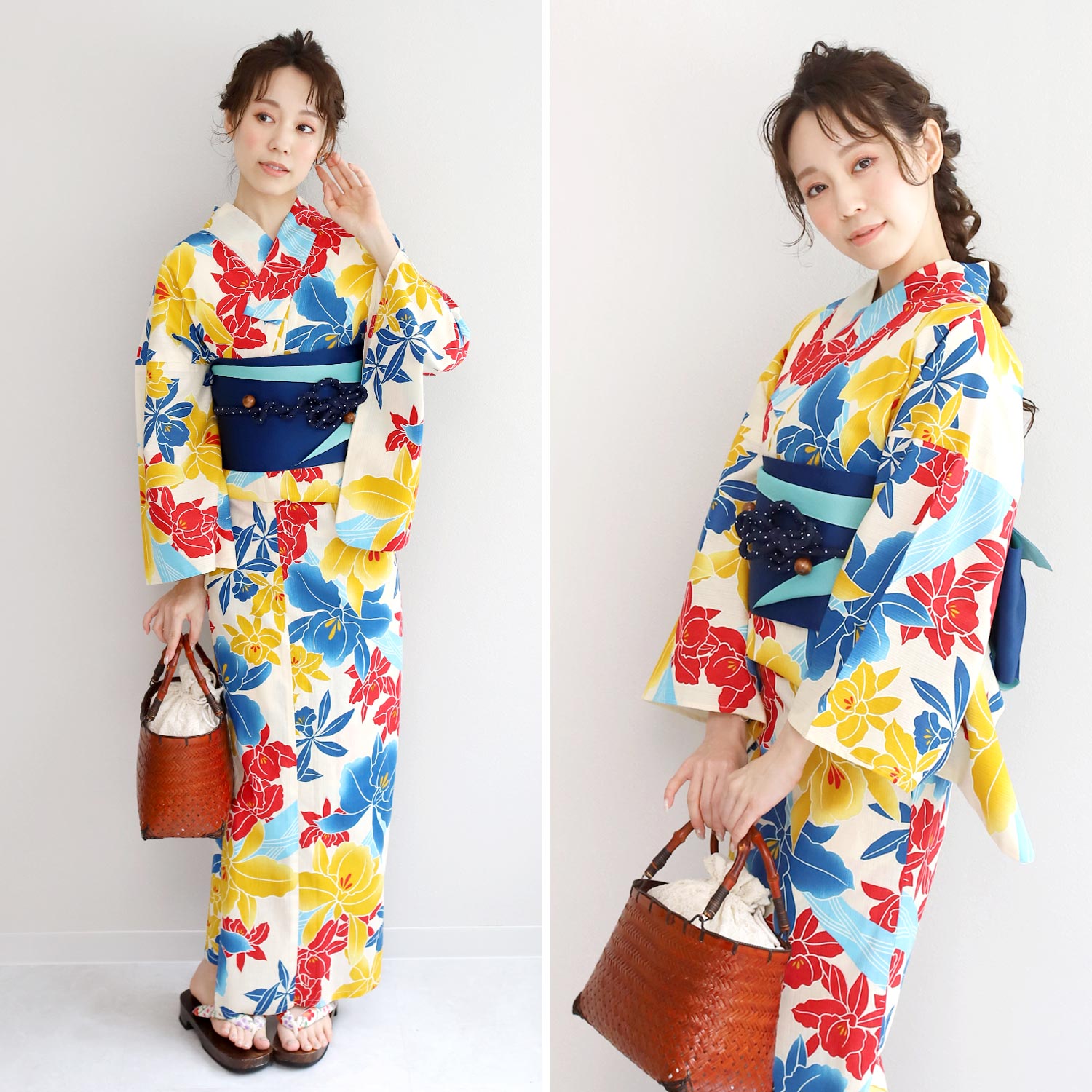 Japanese Fabric Yukata and Obi Belt Set Yuri White Blue Red Yellow [x88]